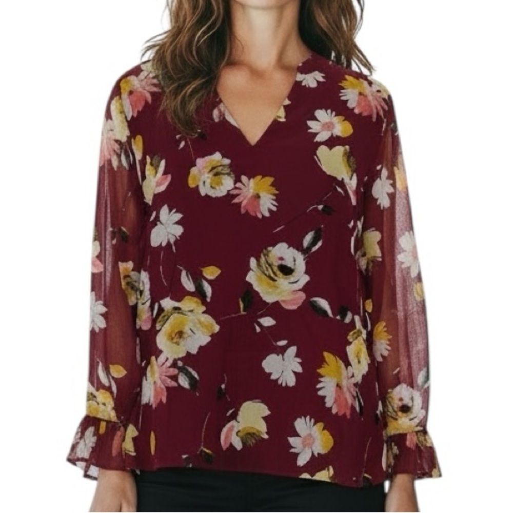 WHITE HOUSE BLACK MARKET Burgundy Long Sheer Sleeve Lined Blouse Size Medium